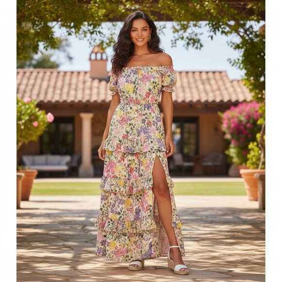 ASTR Viona Off Shoulder Maxi Dress Dress in Pink Yellow Floral Multi Size S NWT - Picture 1 of 8